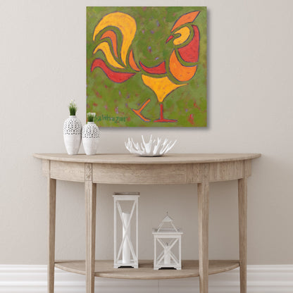 'Rooster On Ruffled Green' - Canvas Print
