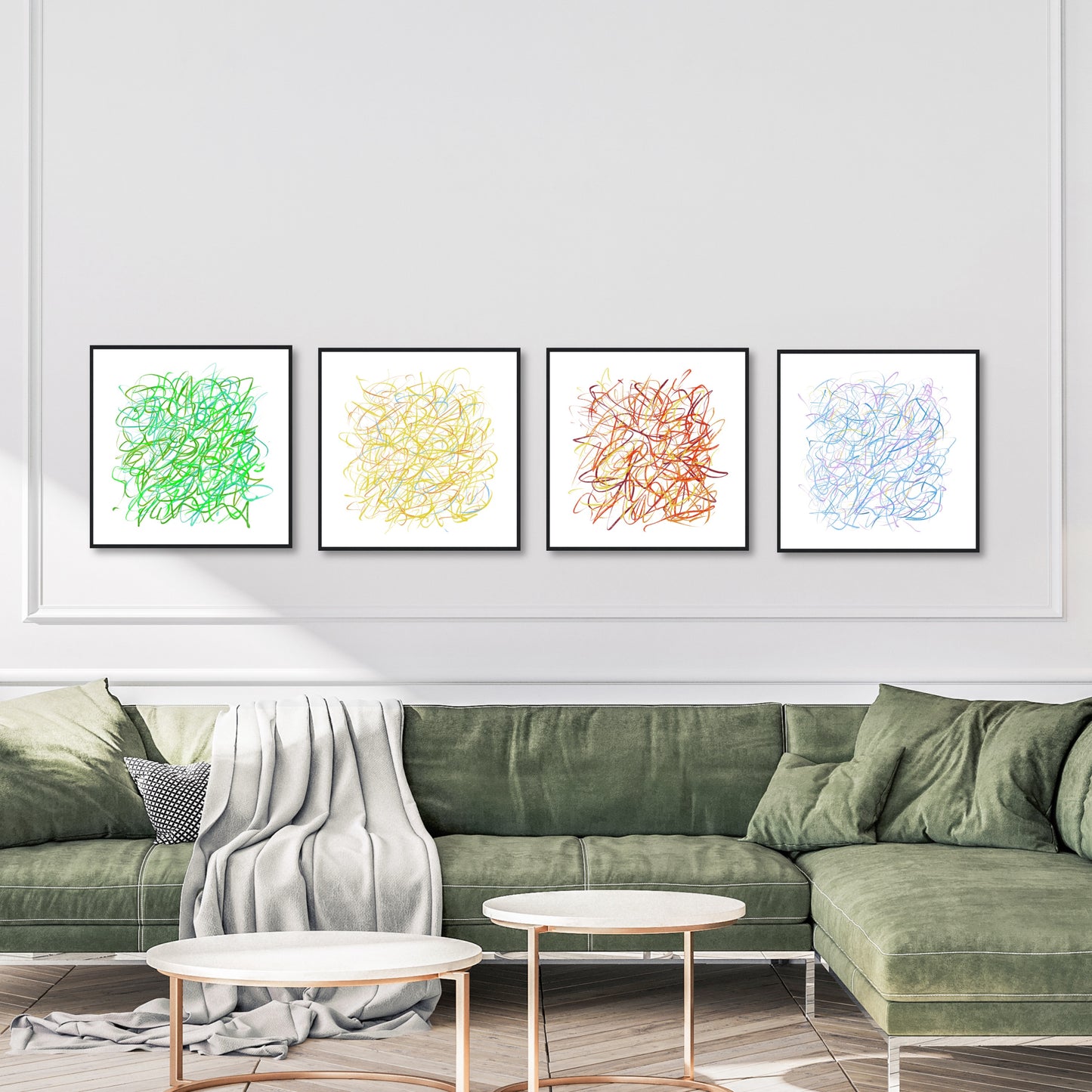 The four seasons grouped together in a row against a dark grey wall in a modern home with white sectional sofa and green cushions and throw.