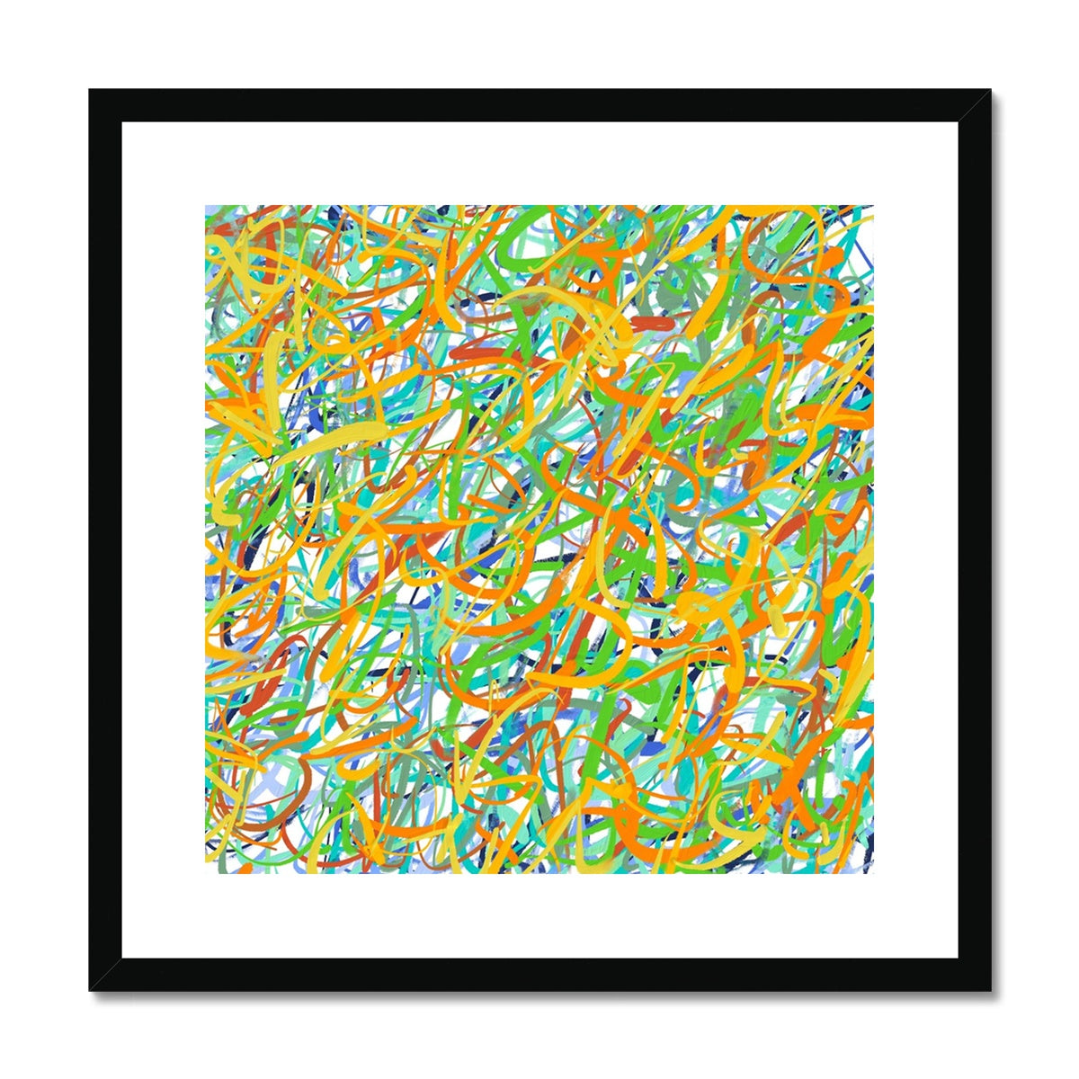 Bright yellows, reds and green tangle together with sky-blue, sea-blues and greens with white mount in black frame.