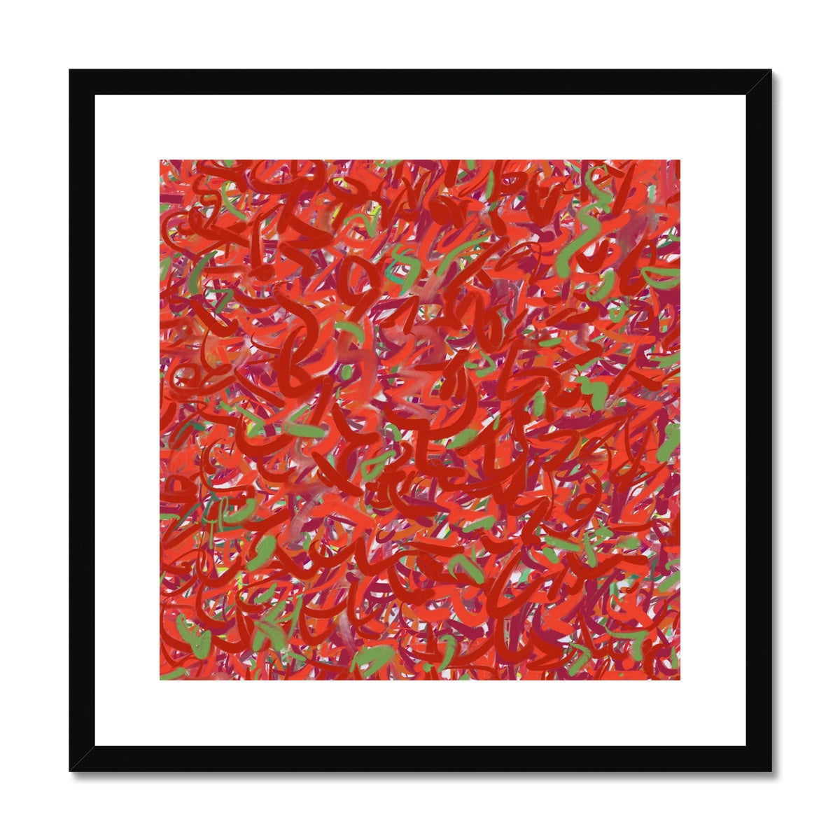 Deep reds and splashes of green in a black frame with white mount.