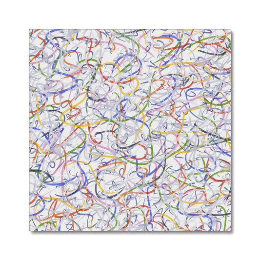 An abstract expression of skiing with swirling strokes of bright blue, yellow, red and green that represent the skiers colourful attire, while swirling shades of grey or pale blue represent the tracks and trails in the snow made by the skiers, set against a snowy white background.
