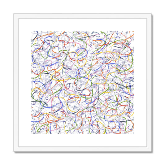 Set in a white frame and mounted an abstract expression of skiing with swirling strokes of bright blue, yellow, red and green that represent the skiers colourful attire, while swirling shades of grey or pale blue represent the tracks and trails in the snow made by the skiers, set against a snowy white background.